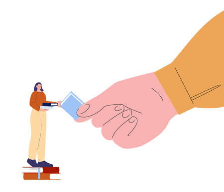 Self education and study concept. Giant hand give book to young girl. Take knowledge, personal growth vector metaphor of teaching and studying course illustrationのイラスト素材