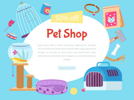 Pet shop banner template. Veterinary store advertisement, sale zoo tools ad poster. Dogs cats accessories, shopping animal decent vector badge. Illustration of shop banner serviceのイラスト素材