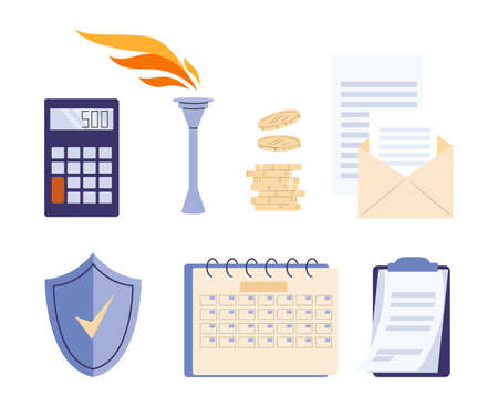 Financial business elements. Calculator, burning torch, money coins, mail with report and daily monthly planner flat vector icons of shield and balance budget illustrationのイラスト素材