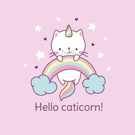 Caticorn poster. Cat unicorn on rainbow, fairy kitten t-shirt kawaii print. Cute funny magic character, sweet baby animal nowaday vector background. Illustration of kitten unicornのイラスト素材