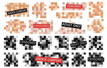 Censored square elements black and beige colors. Pixel blur explicit, blurred square for adult only content. Decent digital pixelated mosaic for hide vector set of square censored sign illustrationのイラスト素材