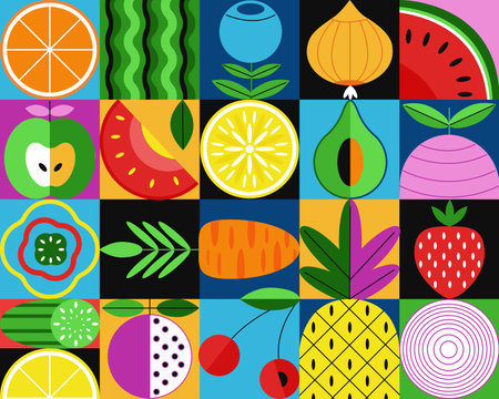 Flat geometric minimalist fruits. Bauhaus fruit composition style, modern tiles or mosaic background. Retro healthy colorful decent vector design. Illustration of geometric fruit designのイラスト素材