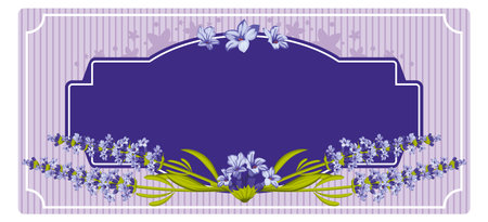 Floral card design with violet flowers. Paper frame template isolated on white backgroundのイラスト素材