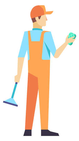 Janitor working. Man cleaning with professional tools isolated on white backgroundのイラスト素材
