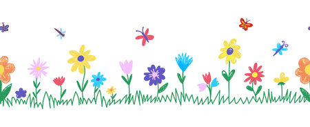 Kids painting flowers. Children hand drawing flower meadow with green grass. Crayons draw seamless border. Childish pastel lawn neoteric vector pattern. Illustration of flower spring chalkのイラスト素材