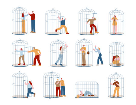People in cages. Cage limit woman life, personal independence and subdued oppressed kicky person. Feeling freedom, mental health. Open door vector set of independence people and free illustrationのイラスト素材