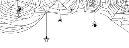 Black cobweb isolated banner. Spiderweb halloween background with spiders silhouettes. Spooky wall sticker, nets on white decent vector graphics. Illustration of halloween cobwebのイラスト素材