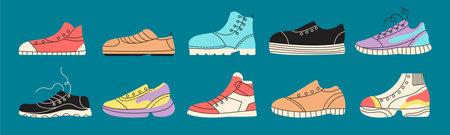 Different sneakers and gumshoes doodle icons. Shoes hand drawn style elements. Flat various trendy sports boots. Decent fashion girl vector collection of footwear fashion and sportswear illustrationのイラスト素材