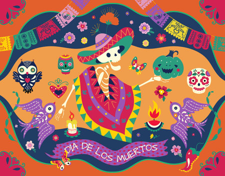 Day of dead poster with festive human skeleton in mexico poncho. Celebration festival invitation, party skull and halloween pumpkin vector background. Illustration of mexican skeleton decorationのイラスト素材