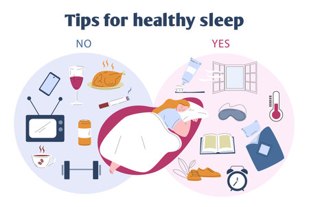 Young girl sleep in bed and well and bad habits. Healthy sleeping tips, good food and training. Insomnia treatment, better dreaming at night vector infographic of sleep recommendation illustrationのイラスト素材