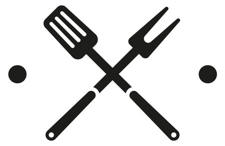 Crossed grill fork and spatula. Barbecue black logo isolated on white backgroundのイラスト素材