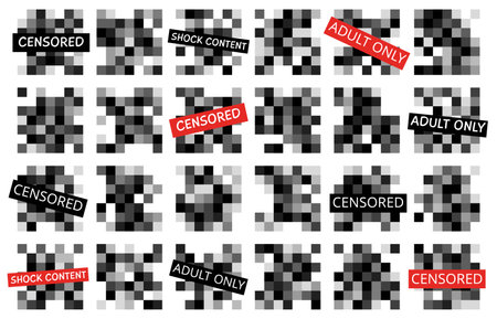 Censored pixel blur squares for tv or social media. Pixelated blurring effects for image video censor. Black mosaic graphic badges, decent censorship vector element of square pixel mosaic illustrationのイラスト素材