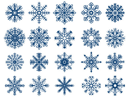 Isolated snowflakes silhouettes and ice crystals. Xmas snowflake sticker template, christmas snow icons. Winter decent frozen vector graphic design. Illustration of silhouette snowflake winterのイラスト素材