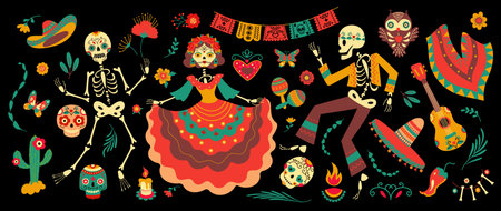Day of dead mexico festival elements. Mexican sugar skulls and dancing skeletons in traditional dresses and flowers. Nowaday dia de los muertos vector set of mexican dead banner party illustrationのイラスト素材