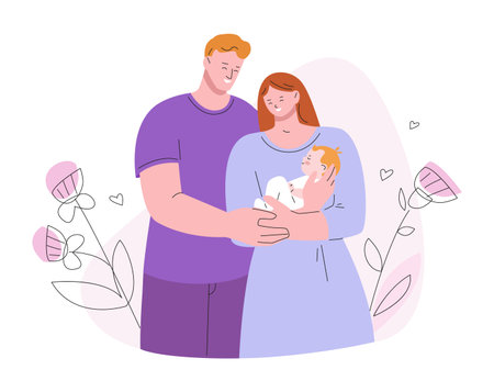 Family hug newborn baby. Mom and dad hold infant, smile young parents together. Support and care, parenthood concept. Kicky mother father kid vector characters of baby newborn illustrationのイラスト素材