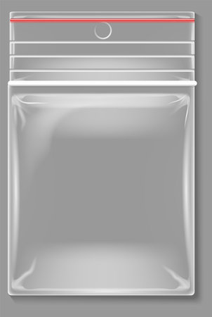 Plastic pouch bag. Realistic transparent zip bag isolated on white backgroundのイラスト素材