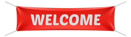 Welcome banner. Hanging realistic red canvas mockup isolated on white backgroundのイラスト素材