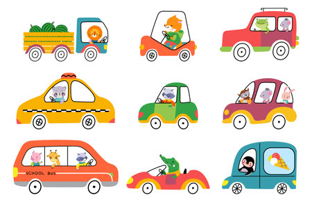Cute cartoon animals drive cars trucks and bus. Yellow taxi and ice cream truck with penguin driver. Nowaday funny childish clothes vector collection of character transport animal truck illustrationのイラスト素材