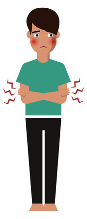 Sick boy with fever. Illness icon. Diseased person isolated on white backgroundのイラスト素材