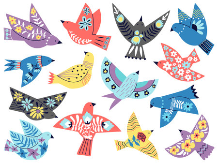 Folk abstract birds. Modern styled bird decorative elements. Swedish scandinavian dove decorated flowers and branches. Decent vector flying silhouettes design of soa, bird collection illustrationのイラスト素材