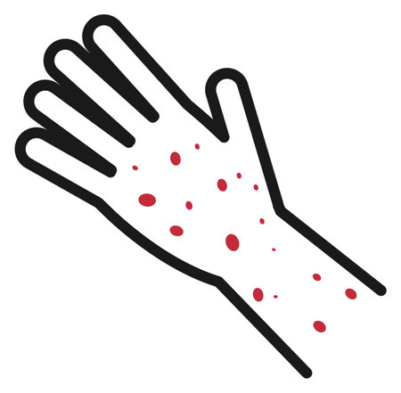 Red rash on human hand. Disease symptom icon isolated on white backgroundのイラスト素材