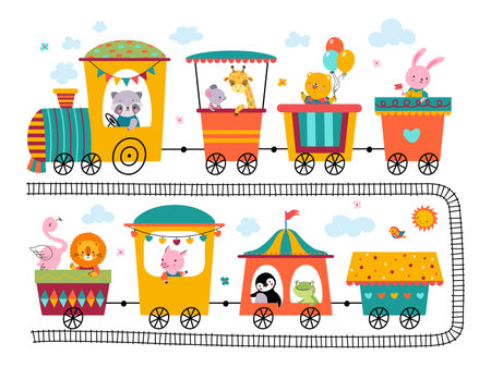 Cute animals ride train. Fun zoo trains, toddler party banner elements. Children funny safari with wild animal. Travelling on transport railway vector characters of train zoo funny illustrationのイラスト素材