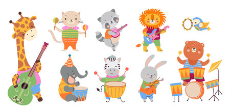 Animal musician party. Wild animals play musical instruments. Cute celebration or festival, cartoon kids characters. Nowaday funny vector musicians. Illustration of instrument animal music characterのイラスト素材