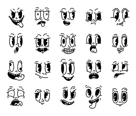 Comic mascot retro characters. Vintage cartoon face, isolated emotions template. Difference expression avatars, trendy faces creator snugly vector collection of cute character cartoon illustrationのイラスト素材