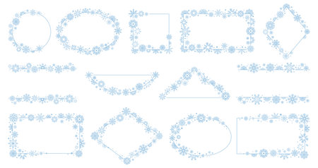 Christmas snowflakes borders and frames. Create snowflake framework, xmas cards decorative design elements. Winter ornament decent vector set of christmas background snowflakeのイラスト素材