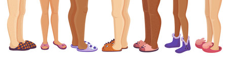 Legs in cozy slippers. Pajamas elements, feets at home wear loafers. Funny fluffy slipper for human. Cartoon comfort house accessories neoteric vector banner. Illustration of cozy warm slippersのイラスト素材
