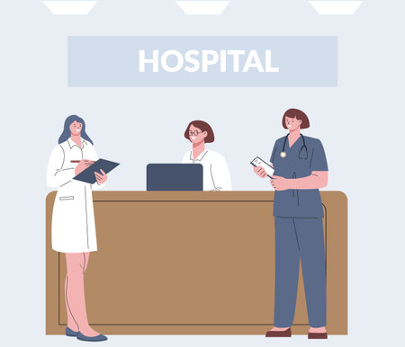 Medical team on reception. Hospital doctors and nurse. Cartoon healthcare workers, ambulance and clinic vector characters. Illustration of doctor hospital reception staffのイラスト素材