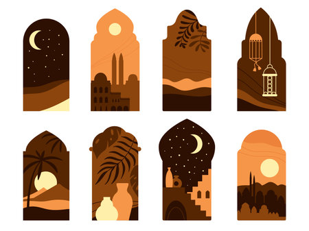 Oriental style windows with moon, mosque domes and plants. Islamic architecture decorative design. Arabic doors silhouettes, boho decent vector elements. Illustration of muslim and religionのイラスト素材