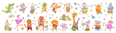 Musical dancing animals, celebration concert. Cartoon animal play musical instruments. Music giraffe, lion, hippo and elephant. Childish nowaday vector collection. Concert music cartoon illustrationのイラスト素材