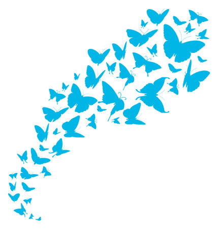 Flying butterflies flock. Blue moth silhouettes abstract background. Vector illustrationのイラスト素材