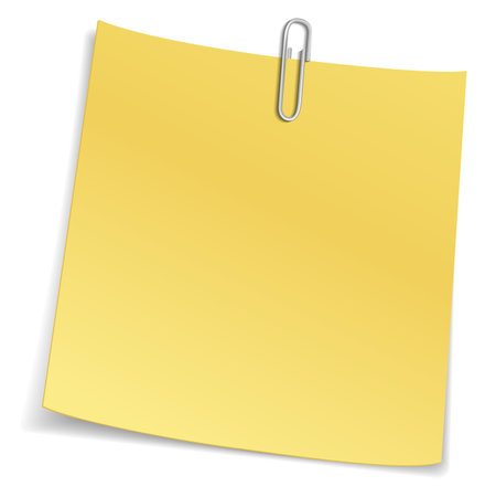 Yellow note with paper clip. Blank memo square isolated on white backgroundのイラスト素材
