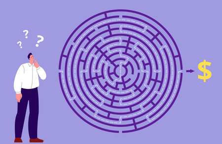 Business man looking at maze. Flat manager choose money. Confused male solved problems, solution find and route to goal vector. Illustration of business manager, businessman way success illustrationのイラスト素材