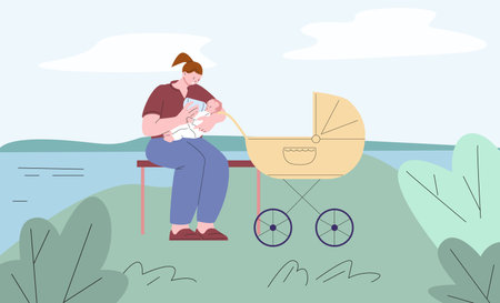 Mother feeding newborn baby on walking in park. Maternity, cute young woman and infant. Girl walk with carriage and little child, support and parent love, vector. Illustration of child and motherのイラスト素材