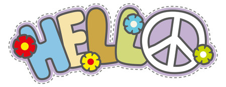 Hello lettering in hippie style with pacific peace sign isolated on white backgroundのイラスト素材