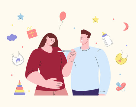 Happy woman hold positive pregnancy test. Family wait baby, long awaited pregnant. Smile hugging couple, nipple, feeding bottle and newborn elements of maternity and pregnant illustrationのイラスト素材