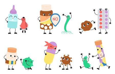 Cartoon pills and viruses scenes. Antibiotics fight with infection, cute medicine characters with shields. Healthy and power, treatment with tablets vector set of antibiotic medical pill characterのイラスト素材