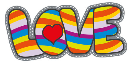 Love patch in retro style. Vintage hippie sticker isolated on white backgroundのイラスト素材