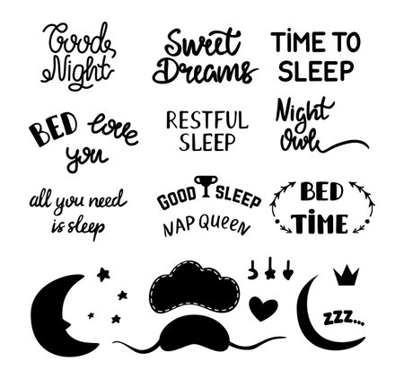 Bedtime slogan, sleep lettering signs. Isolated black time to bed handwritten text, sleep masks and moon. Vector night prints templates. Illustration of slogan sleep quote and letteringのイラスト素材