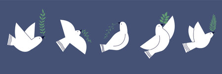 White doves with green branches. Dove of peace symbols. Flying birds holding floral branch. Abstract trendy flat bird, vector pigeon characters design. Illustration of dove freedom with leafのイラスト素材