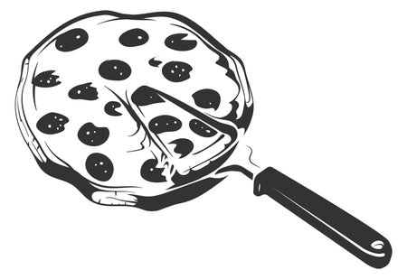 Cutted pizza icon. Italian pizzeria black logo isolated on white backgroundのイラスト素材