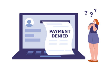 Payment denied vector concept. Surprised girl look at pay bill from computer screen. Internet banking failed, financial error credit card. Illustration of payment transaction banking, deny creditのイラスト素材