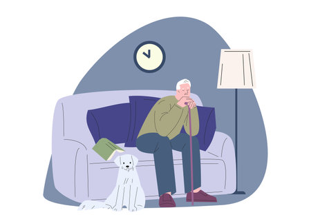 Tired senior man with dog sleep on couch. Loneliness in old ages, male rest at home with puppy. Flat retirement vector character. Illustration of man pensioner with dogのイラスト素材
