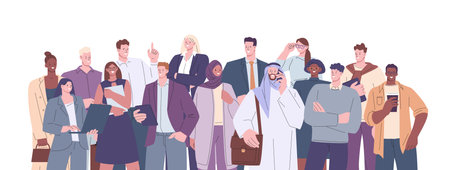 Young adults business team portrait. Happy managers and entrepreneurs, businessmen and businesswomen together. Kicky office workers vector characters of happy team portrait illustrationのイラスト素材