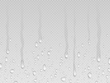 Realistic dripping drops flow down background. Rain dropping, water transparent texture. Drip steam and condensate, droplet on glass pithy vector design of droplet dew rain illustrationのイラスト素材