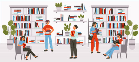 Teens in library reading books. Cheerful students study together in university. Communication and learning, read book in snugly bookstore vector scene. Illustration of study teen and learnのイラスト素材