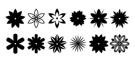 Flowers silhouettes black isolated. Flower icons, vector floral elements. Decorative nature graphic, flat garden plants design for banners, logos, branding. Illustration of flower icon silhouetteのイラスト素材